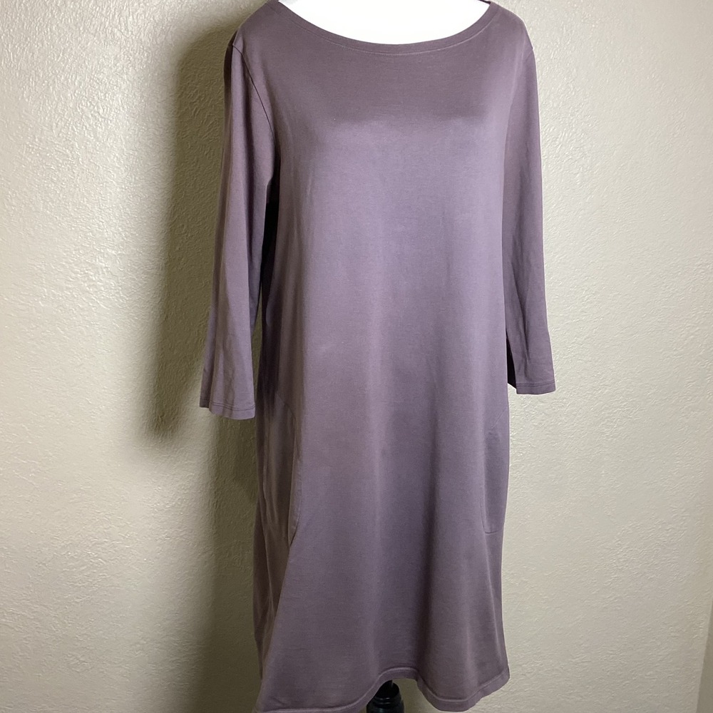 Garnet Hill Mauve Organic Cotton 3/4 Sleeve Pocket Shift Dress Women's Size 12